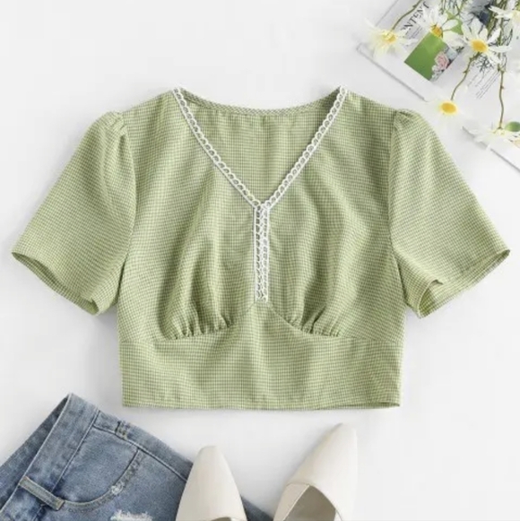 𝅺CROPPED green gingham blouse with lace trim 6 Spring Summer Twee Retro - Picture 1 of 12